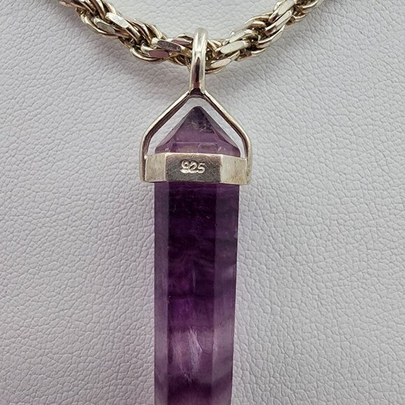 Vintage Italian 925 Sterling Silver Chain Necklace With Amethyst Crystal Pendant - Picture 3 of 10